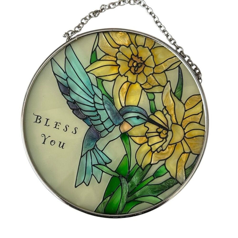 Bless You Humming Bird and Flowers Stained Glass  Hanging Window Decor